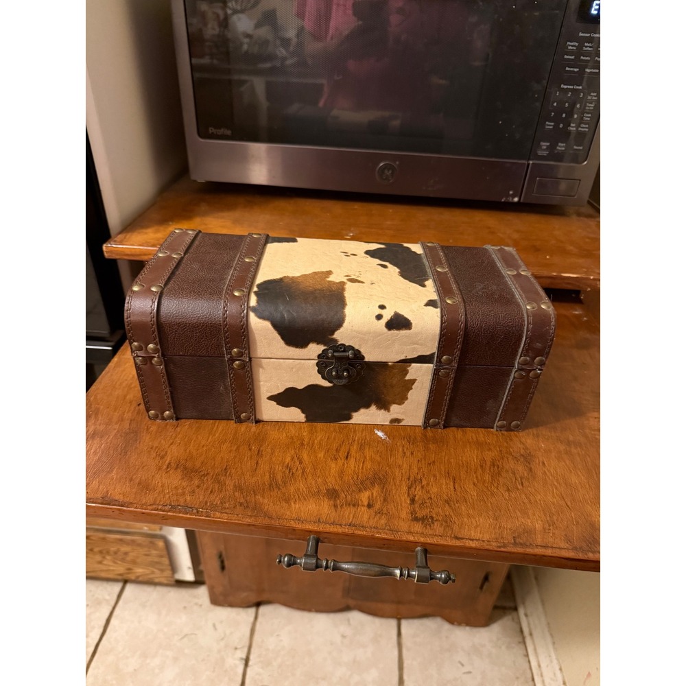 Western Cow Print Decorative Storage Trunk Wooden Keepsake Box Faux Leather Trim